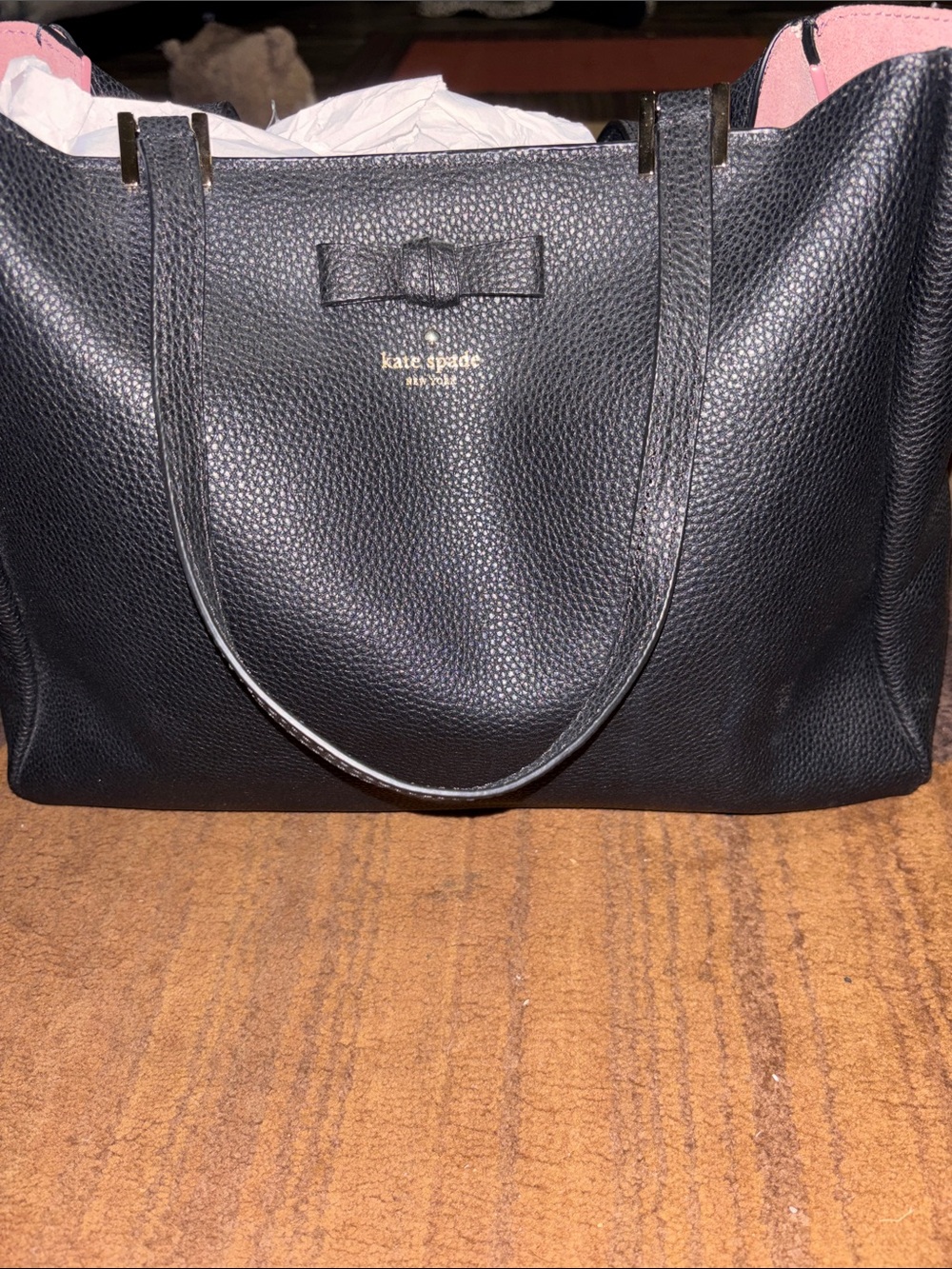 kate spade Black Pebbled Leather Tote with Pink Lining